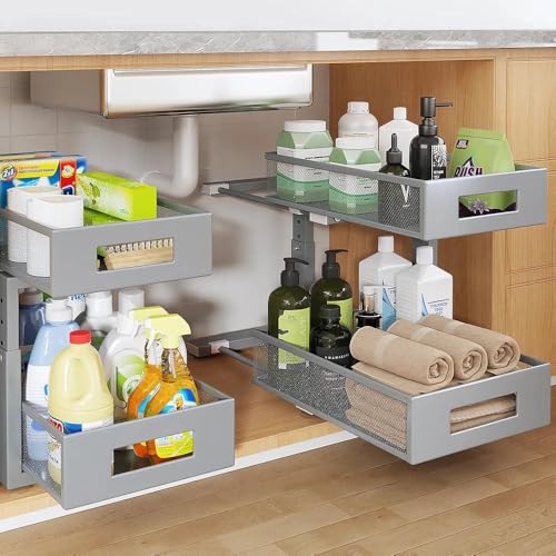 Image of Under Sink Organizer,2-Tier Dual Pull Out Cabinet Organizer Drawers With Smooth Circular Rail,Large Capacity Metal Mesh Sliding Shelves For Bathroom& Kitchen Storage,Height Adjustable-Gun Gray,2 Packs