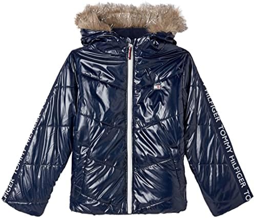 Tommy Hilfiger Girls' Short Length Puffer Jacket, Waterproof With Polar Fleece Lining & Faux Fur Hood, Navy Blazer 09G, 8-10