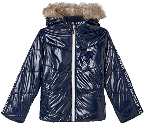 Tommy Hilfiger Girls' Short Length Puffer Jacket, Waterproof With Polar Fleece Lining & Faux Fur Hood, Navy Blazer 09G, 8-10 #TOP13
