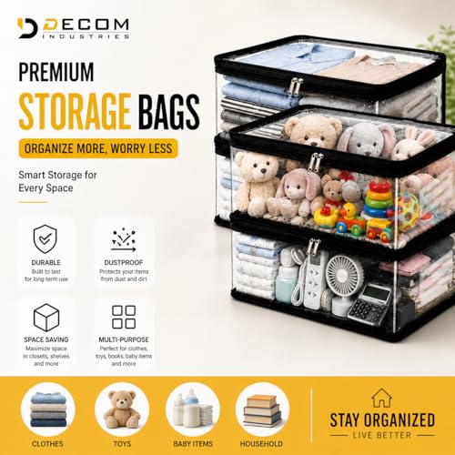 Image of Kuber Industries Transparent Saree Storage Bags Set of 10 Clothes Organizer with Zipper Foldable Wardrobe Storage Box for Blanket Garments Dustproof Cover