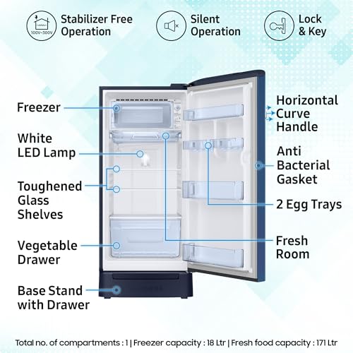 Image of Samsung 189 L, 5 Star, Digital Inverter, Direct-Cool Single Door Refrigerator (RR21H2H25CU /HL, Camellia Blue, Base Stand Drawer, Single Touch Defrost, 2026 Model)