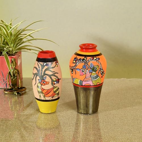 Image of Aakriti Art Creations Herd of Deers Terracotta Vase Set of 2 | Handmade Matte Multicolor Madhubani Art Terracotta Decorative Vases | Flower Vase, Planters for Home Decor, Table Decoration Items