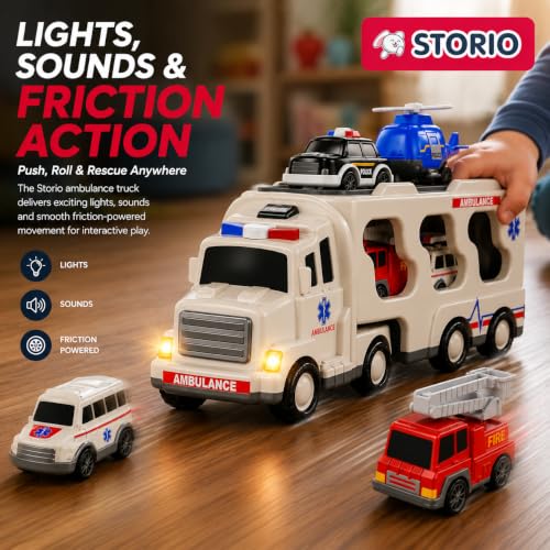 Image of Storio 5 in 1 Ambulance Truck Toy for Kids 3-5 Years Boys Girls | Transport Carrier Vehicle Set with Police Car Fire Truck Helicopter | Friction Powered Light Sound Toys for 3 4 5 6 7 8 9 Years