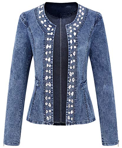 chouyatou Women's Cute Crewneck Open Front Sretchy Distressed Denim Jacket Crystal (Large, Blue)