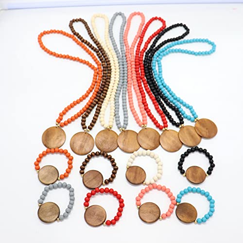 Colorful Bling Vintage Wooden Beaded Necklaces Chunky Round Pendant Bracelet Sweater Strand Necklace For Woman Boho Ethnic Handmade Jewelry Set-Brown thumb #2