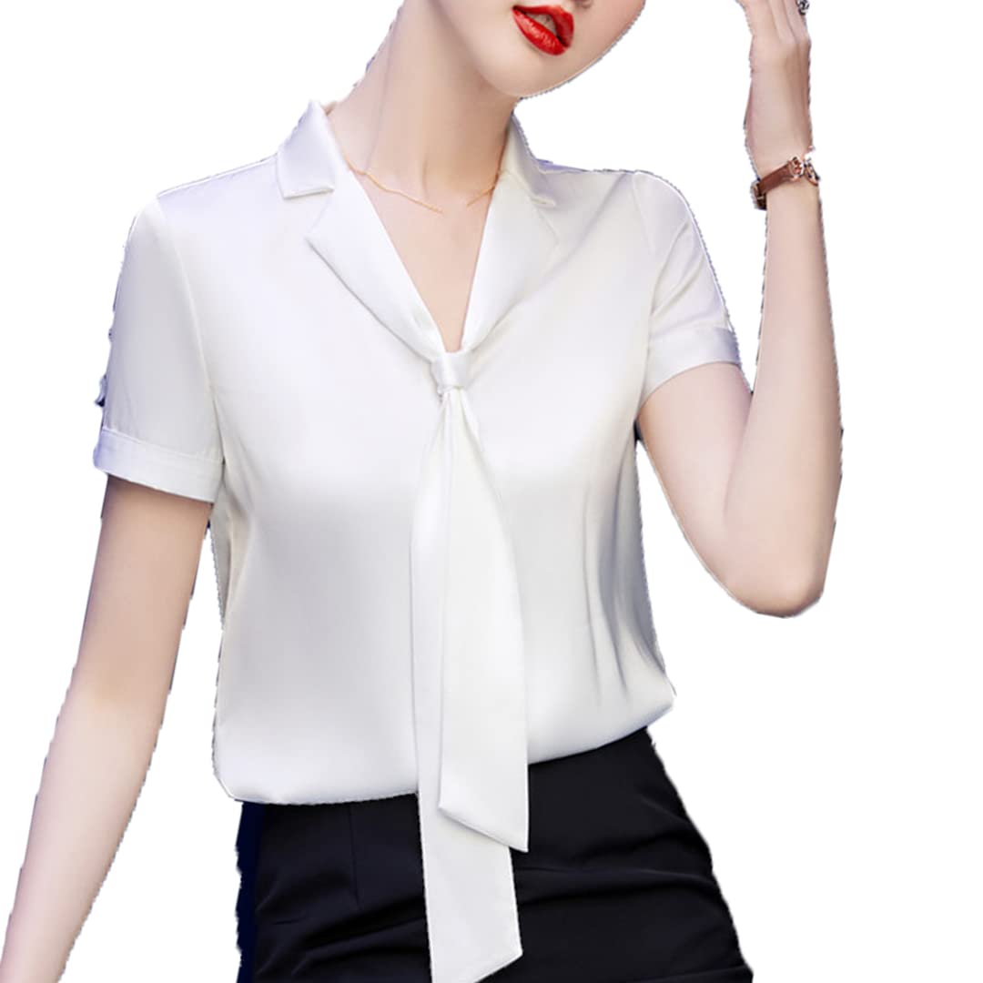 Blusa de chifón de Manga Corta de Verano para Mujer con Cuello en V de Lazo Blusas de Trabajo Formales de Oficina para Mujer White XL