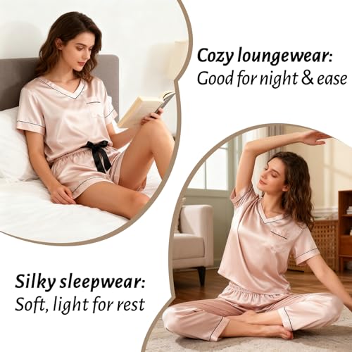 Image of 3 Piece Silk Satin Pajama Set for Women Soft Button Down Pjs