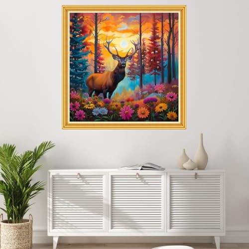 Image of Joyhoor Stamped Cross Stitch Kits for Beginners Needlepoint Kits for Adults Embroidery Kits 11CT Counted Cross Stitch Kits Printed Embroidery Pattern-Colorful Flower Deer 18x18 inch