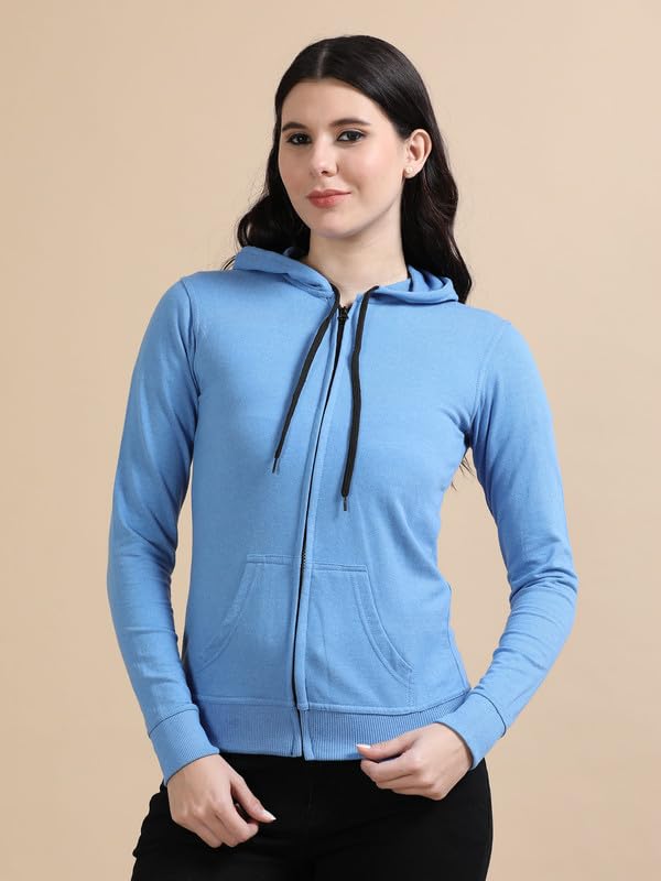 Image of Wafaa Women's Cotton Plain Hooded Neck Full Zipper Sweatshirt Hoodies with Kangaroo Pocket
