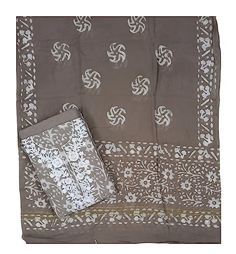 Image of Women's Batik Print Cotton silk, Chanderi Dress Material with heavy embroidery work on Neck and all over with beautiful Dupatta