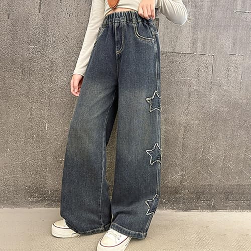 Jeans for Girls Baggy Star Wide Leg Denim Pants Elastic High Waist Trousers Kids Casual Cute Streetwear with Pockets2