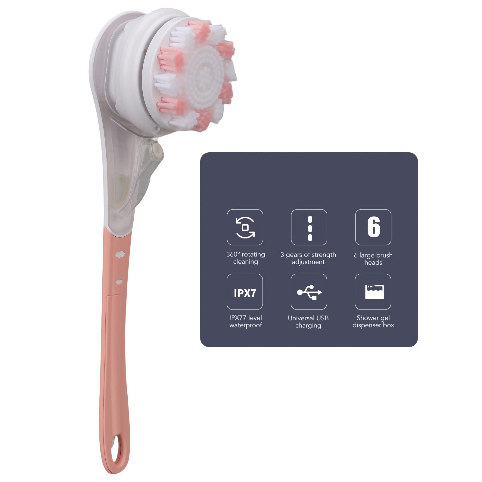 Elektrische Körperbürste - Langen Griff, 6x rotierende Peel-Heads, wasserdicht, tiefe Reinigung, 3-Gänge Massage, Duschbads-Reiniger