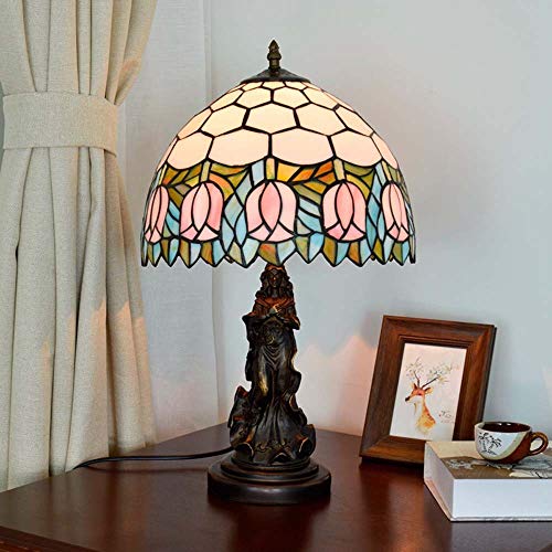 Lampe vitrail vintage de table 12" avec socle ange en résine et tulipe LED
