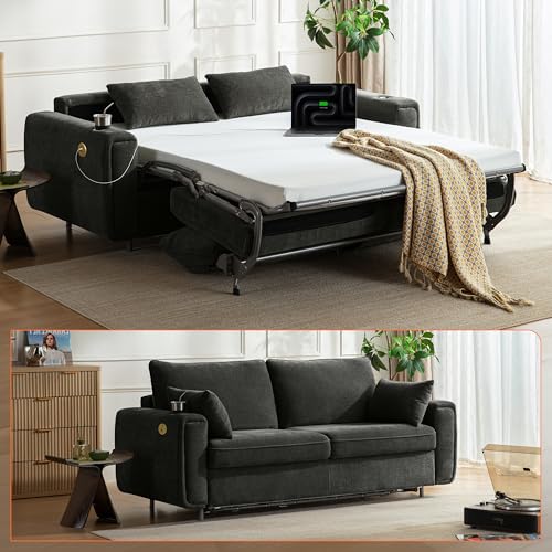Pull Out Sofa Bed, No Cushion Removal, Queen Sleeper Sofa with USB Fast Charging, Memory Form Mattress, 2-in-1 Convertible Comfy Loveseat Couch Bed for RV, Apartment, and Small Spaces (Dark Grey)