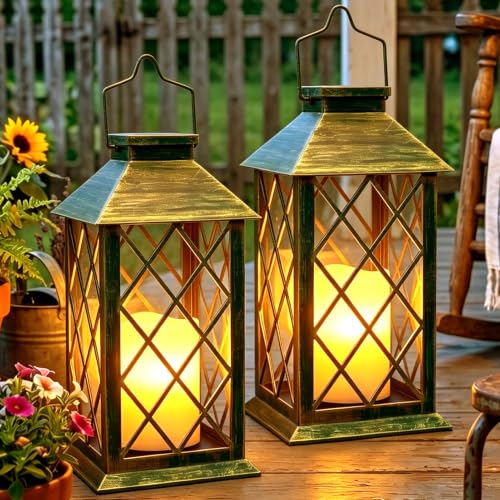 Image of 2 Pack 14 inch Large Tempered Glass Solar Lanterns Outdoor Waterproof | Bronze retro solar lantern with flickering flameless candles, ideal decoration for wall, porch, patio, table and garden.