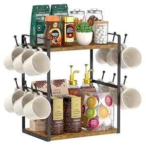 EsLuker.ly 2 Tier Coffee Bar Organizer for Home Office, Multi-functional Countertop Mug Holder Stand Rack, Coffee Station Accessory Storage Shelf with 12 Hooks, Space-Saving Coffee Nook Enhancer