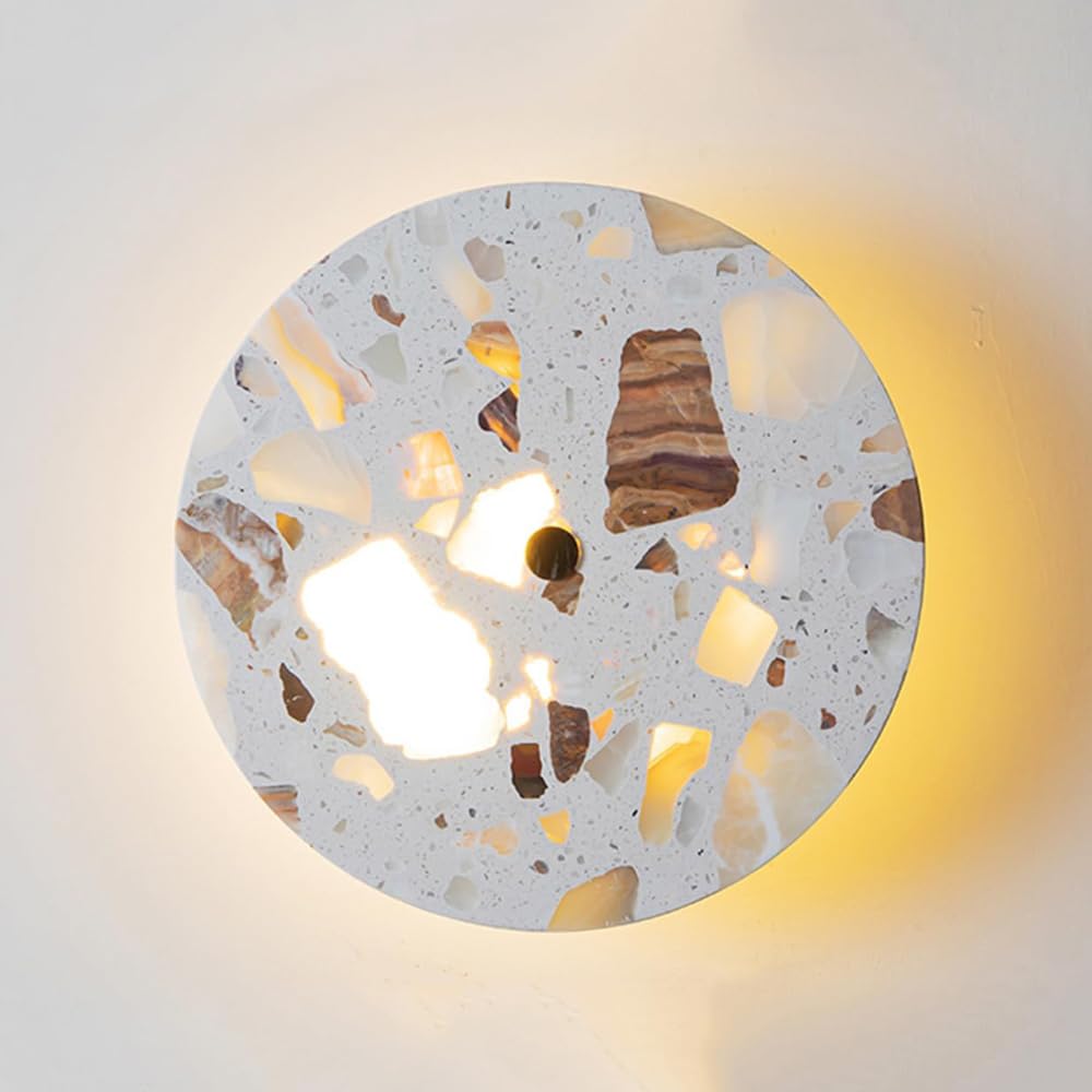 HEBXMF 11.8in Round Indoor Wall Light, Modern Natural Stone Wall Sconce, LED Hard Wired Connection Terrazzo Wall Lamp, Bedside Entrance Living Room Decorative Lighting Fixtures