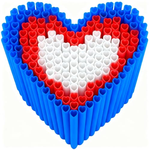 4th of July Straws For Patriotic Party Decorations 60Pcs Reusable Red White Blue Heart Shaped Straws for Independence Memorial Day Party Favors 9 BPA Free Plastic Drinking Straw for Drinks