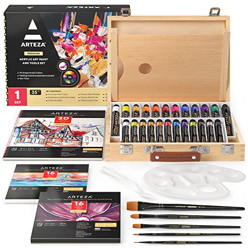 Arteza Acrylic Paint Set, 35-Piece Art Set, Includes 24 Acrylic Paints, 5 Brushes, 1 Paint Palette, 1 Paint Knife, 3 Painting Pads, and Storage Case, Art Supplies for Beginners and Aspiring Painters Arteza Acrylic Paint Set, 35-Piece Art Set, Includes 24 Acrylic Paints, 5 Brushes, 1 Paint Palette, 1 Paint Knife, 3 Painting Pads, and Storage Case, Art Supplies for Beginners and Aspiring Painters