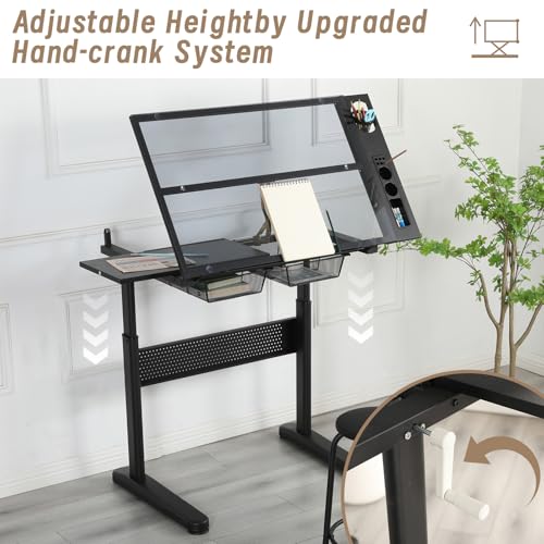 Adjustable Drafting Table with Hand-Crank Lift, 0-75° Tilting Tempered Glass Art Desk with Metal Drawers & Slide-Out MDF Side Table, Height Adjustable 29.5\"-41.3\" Drawing Desk with Storage & Stool