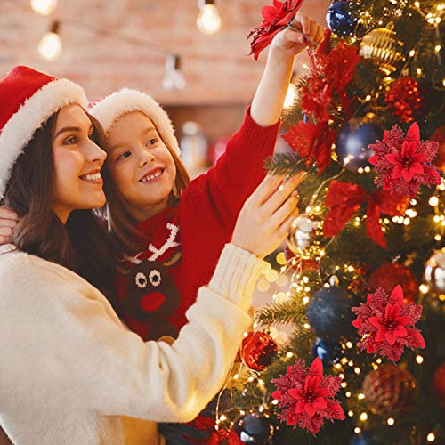 Efivs Arts 8 Pcs Artificial Poinsettia Christmas Flowers With Clips And Stems Glitter Christmas Tree Ornaments For Xmas Wreath Wedding，Restaurant Decoration (Red) #TOP2