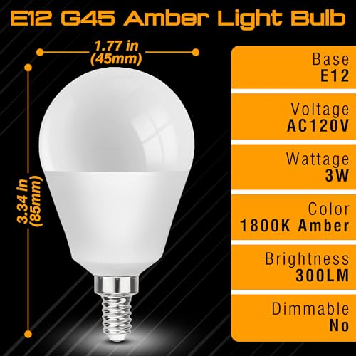 Image of E12 Small Candelabra Base Amber Sleep Light Bulbs,1800K Blue Light Blocking | G45 Warm Night Light Bulbs 25W-40W Equivalent, 3W 300LM E12 Amber Light Bulb for Healthy Sleep, Bedroom, Non-Dimmable, 2 pack