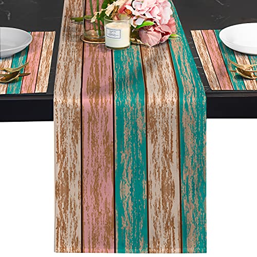 Farmhouse Table Runners 36 Inches Long,Retro Wood Grain Printing Kitchen Dining Table Farmhouse Style Cotton Linen Heat Resistant Washable Tabletop Cover for Indoor Outdoor Tables Use