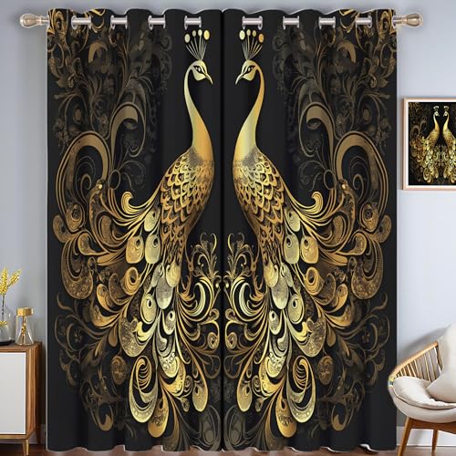 MULERN Cortinas Salon Termicas, Aislantes Frio Y Calor 140An X 175Al Cm Cortinas,Oro Papel Cortado Pavo Real Opacas Cortinas, Arte Dormitorio Cortina Blackout para Riel Cortinas 2 Piezas