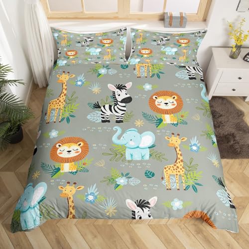 Homewish Housse de Couette Enfant 140x200 Animaux de Dessins Animés, Parure de Lit Animaux de La Jungle, Sets de Housses de Couettes Lion Éléphant Zèbre...