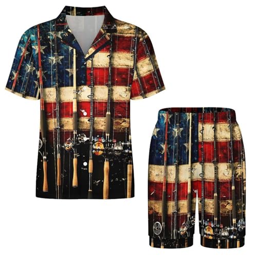 USA Flag Fishing Rod Mens Pajamas Set Short Sleeve Sleepwear Summer Pjs Sets 2 Piece Loungewear Nightwear3