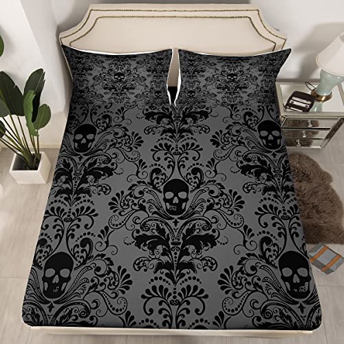 Erosebridal Adults Black Damask Bed Sheets Antique Victorian Baroque Fitted Sheet Queen Size Gothic Vintage Floral Sheets Exotic Sugar Skull Bedding Set Queen,Gothic Bone Skeleton Bohemian Decor,Grey cover