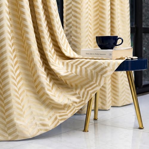 Image of IVAZA Premium Velvet Chevron Pattern 80% Blackout Curtains - Heavy Blackout Opaques,Modern Parde for Living Room Bedroom|Home Office Long Door- 10 Feet (Pack of 2) Chevron Butter Cream