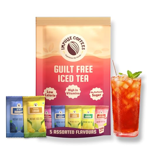 Image of Impulse Coffees Guilt Free Iced Tea Powder - Assorted Variety Pack | 5 Flavors - Lemon, Blueberry, Strawberry, Pineapple, Guava Chilli | Zero Refined Sugar | Vitamin C & B-Complex | 20g X 40 Sachets | 800g