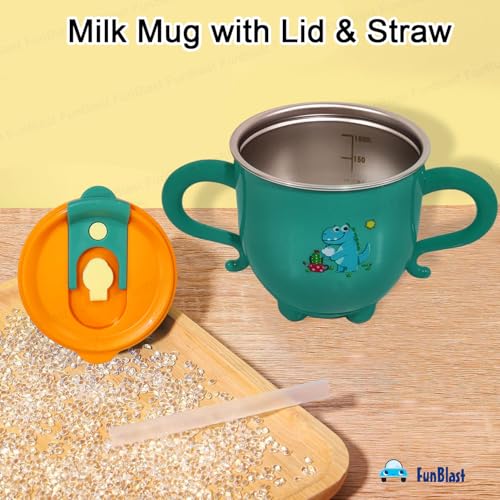 Image of FunBlast Milk Mug for Kids - Dinosaur Print S316 Stainless Steel Mug for Kids, Insulated Milk Cup with Lid & Straw, Water, Juice Drinking Mug, Glass, Cup for Kids - 200 ML (Green)