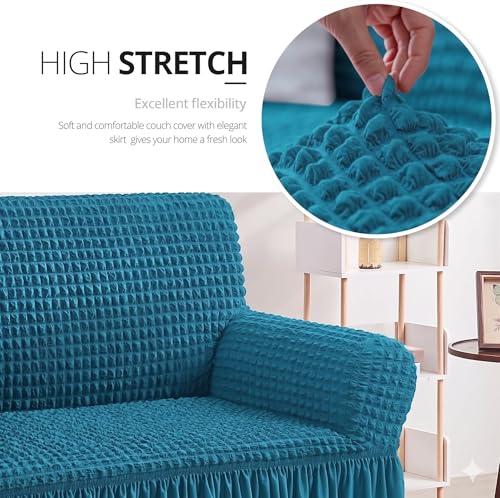 Image of Bails Sofa Cover 1 Seater Fully Covered | Sofa Cover 3 Seater Fully Covered | Sofa Cover 1 Seater | Universal Elastic Bubble Fabric with Frill Sofa Protector Cover (Turquoise, 1 Seater)