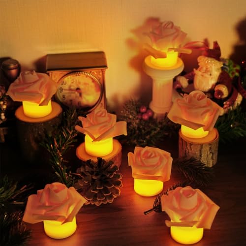 Image of SupBri 12 Pack Led Candles with Artificial Flowers, 200+Hour Battery Operated Tea Lights Candles for Centerpiece Table, Party, Wedding Decorations (Pink)