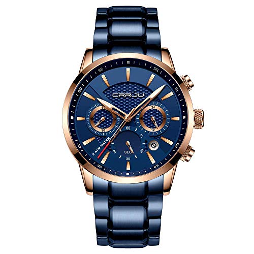 CRRJU Reloj de pulsera para hombre, resistente al agua, cronógrafo, analógico, de cuarzo, con correa de acero inoxidable, cronómetro, fecha automática, reloj deportivo