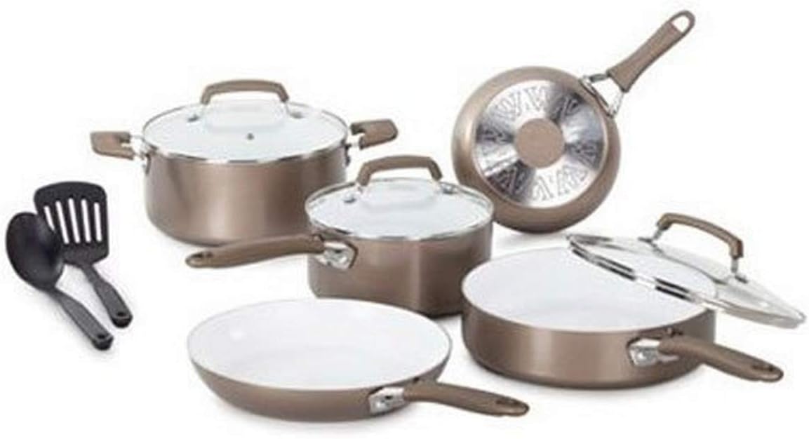 WearEver C944SA Pure Living Nonstick Ceramic Coating Scratch Resistant PTFE PFOA and Cadmium Free Dishwasher Safe Oven Safe Cookware Set, 10-Piece, Gold
