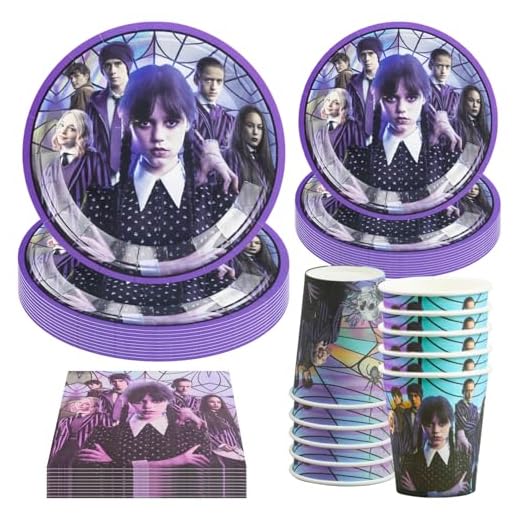 Hmfmdy Wednesday - Juego de vajilla de fiesta de 50 piezas, decoración para fiesta de boda, juego de vajilla de cumpleaños, con platos de papel, vasos, servilletas, para cumpleaños infantiles, para 10