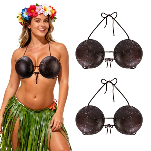 2 Pair Large Coconut Bra with Adjustable Strap 5.9 x 2 Inches Natural Coconuts Shell Bikini Top Hawaiian Coconut Shell Bra Top for Women Costume Party Supplies