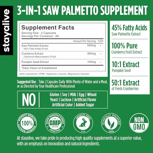 Image of STAY ALIVE Saw Palmetto Extract Capsules w /Cranberry & Pumpkin Seed Oil, 120 Vegan Pills, Extra Strength Saw Palmetto for Men and Women, Non-GMO, Gluten-Free Pumpkin Seed Supplement