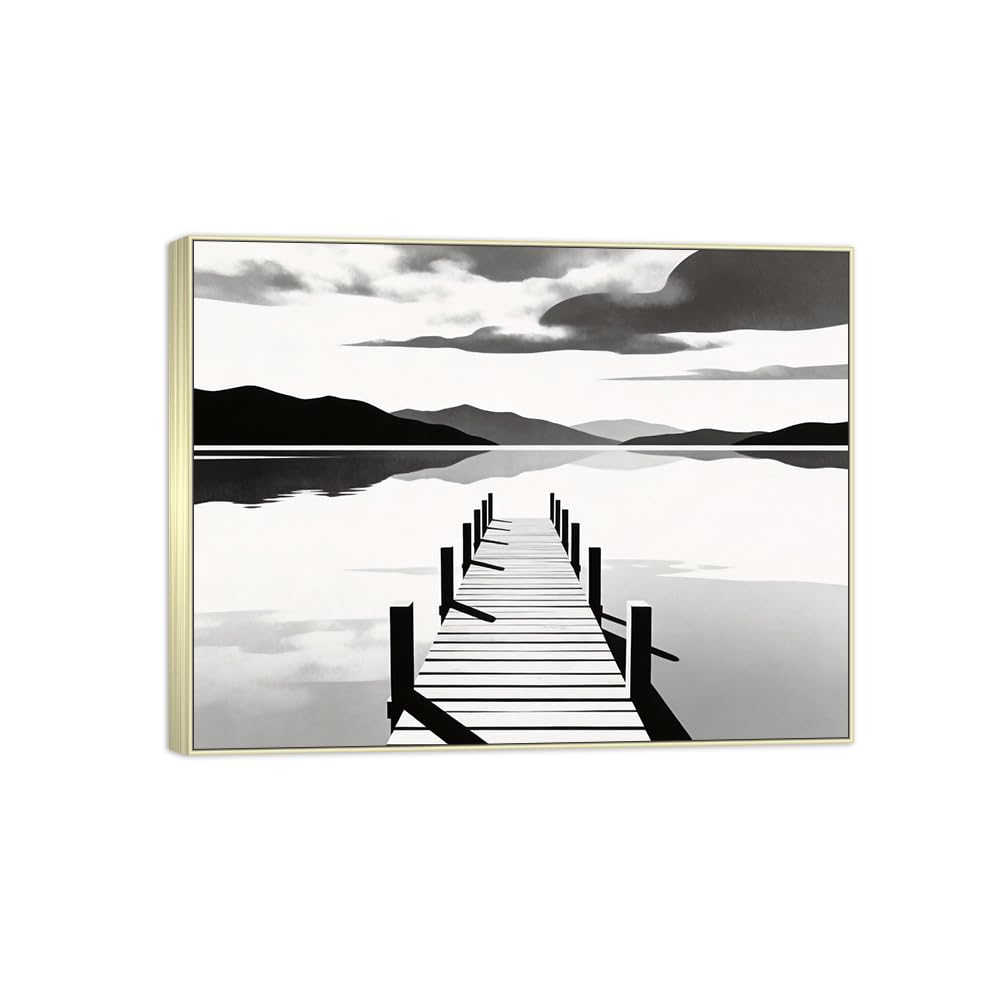Lake Bridge Black White Landscape Canvas Picture 90x117cm Silver Frame