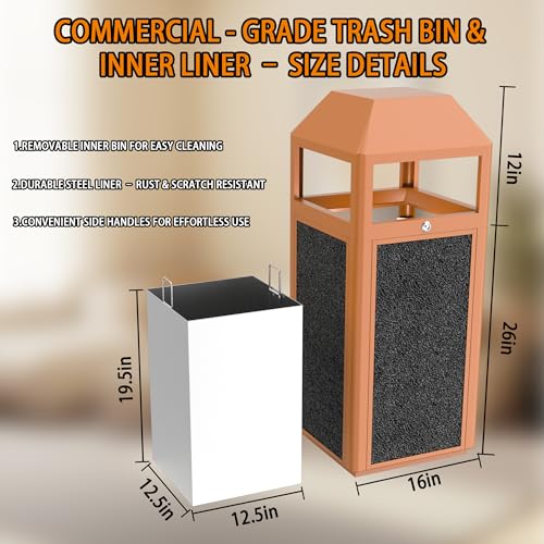 Image of Outdoor Trash Can with Lid, 51L /13.5 Gal-Lockable Commercial Trash Can with Nature Stone Panels, Heavy-Duty Rustproof Metal Garbage Can with Removable Liner for Parks & Public Spaces (Brown, ash)