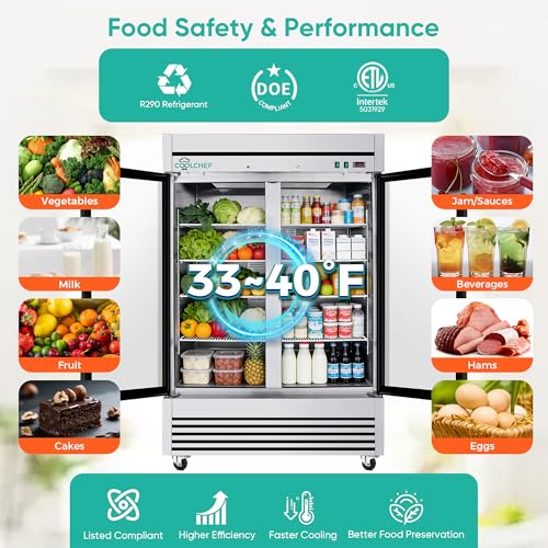 Image of COOLCHEF 54 inch Commercial Glass Door Refrigerator, 49 Cu.Ft Double-Door Reach-In Cooler, 33-40℉, Double-Layer Low-E Glass, 8 Shelves, R290