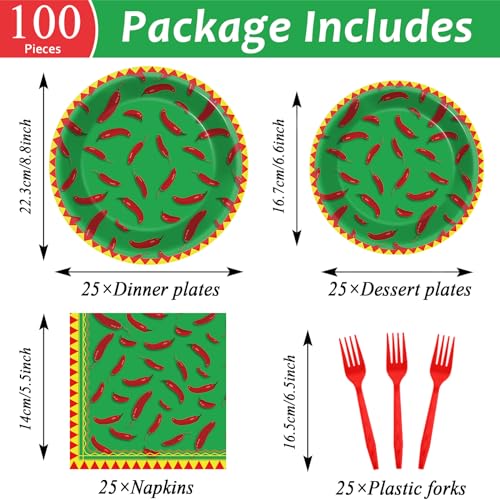 Image of 100 Pcs Chili Cook Off Party Plates and Napkins Set Pepper Birthday Decorations Mexican Party Supplies Mayo Tableware Fiesta Themed Party Favors for Red Chili Party Decorations Serves 25