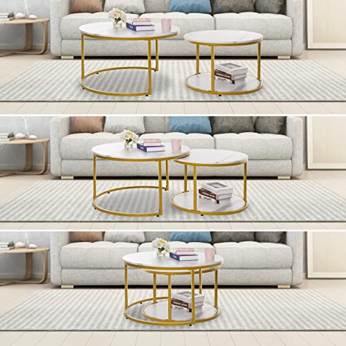Image of NSdirect Nesting Coffee Table Set of 2,Round Coffee Tables Modern Circle Table for Living Room Accent End Side Table with Storage Open Shelf Faux Marble Wood Top & Gold Sturdy Metal Frame,White