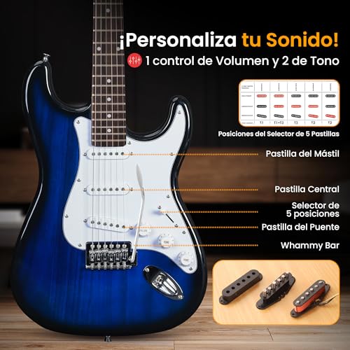 Pyle kit guitarra electrica con amplificador bluetooth portatil, Tamaño completo, Pastillas Humbucker estilo ST, Accesorios incluidos: esctuche, Correa, Cuerdas, Puas, Paño de Limpieza - imagen 5