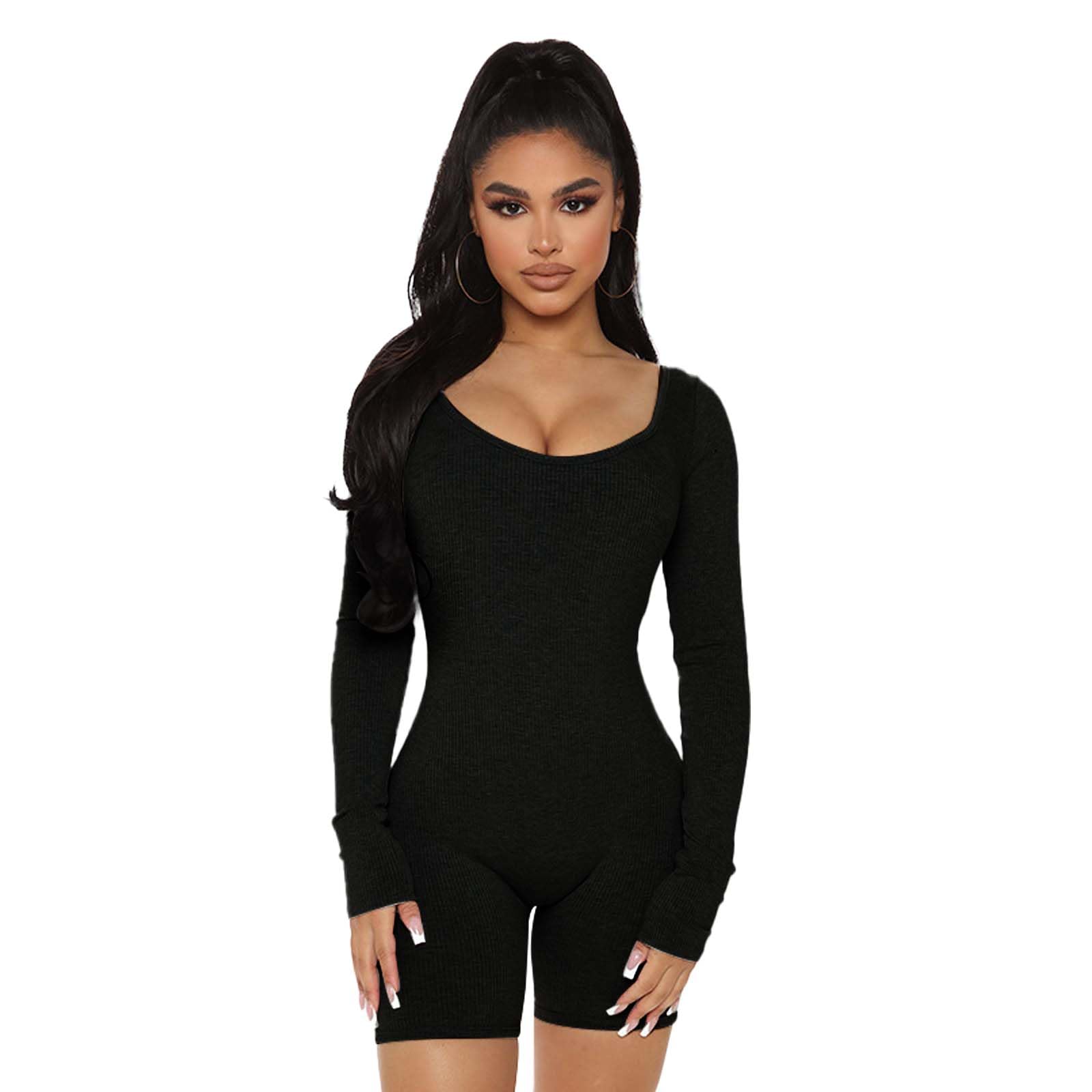 MeeQee Mono de Yoga para Mujer Larga Manga Corto Jumpsuit Con Cuello U Sexy Backless Una Pieza Bodycon Ropa Deportivo Ajustado Elástico Acanalados Romper de Fitness Yoga Gym