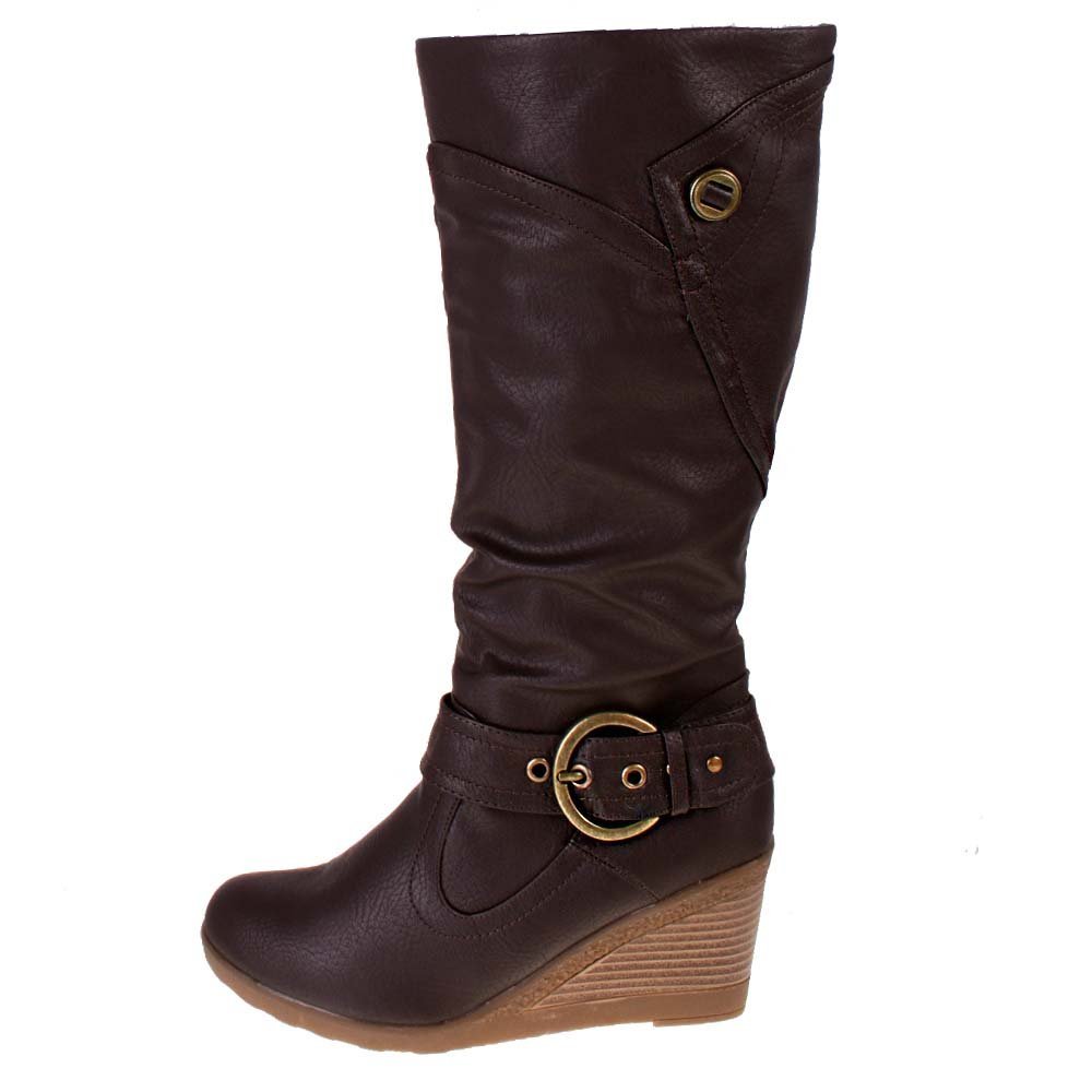 truffle leather look high calf length mid wedge heeled boots