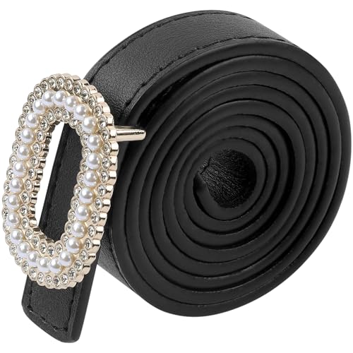 Women's Faux Leather Thin Belt Ladies Belt with Pearl Rhinestone Buckle for Jeans Pants